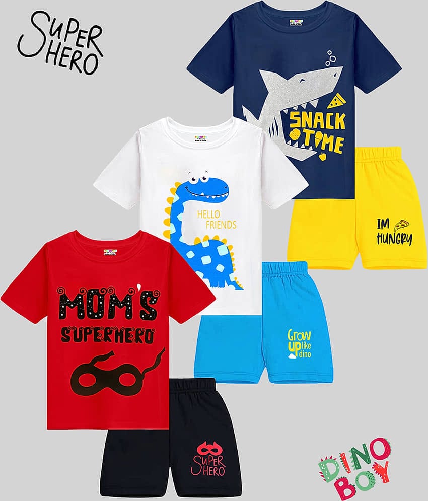 Kuchipoo Multicolor Cotton Blend Baby Boy T-Shirt & Shorts ( Pack of 3 )
