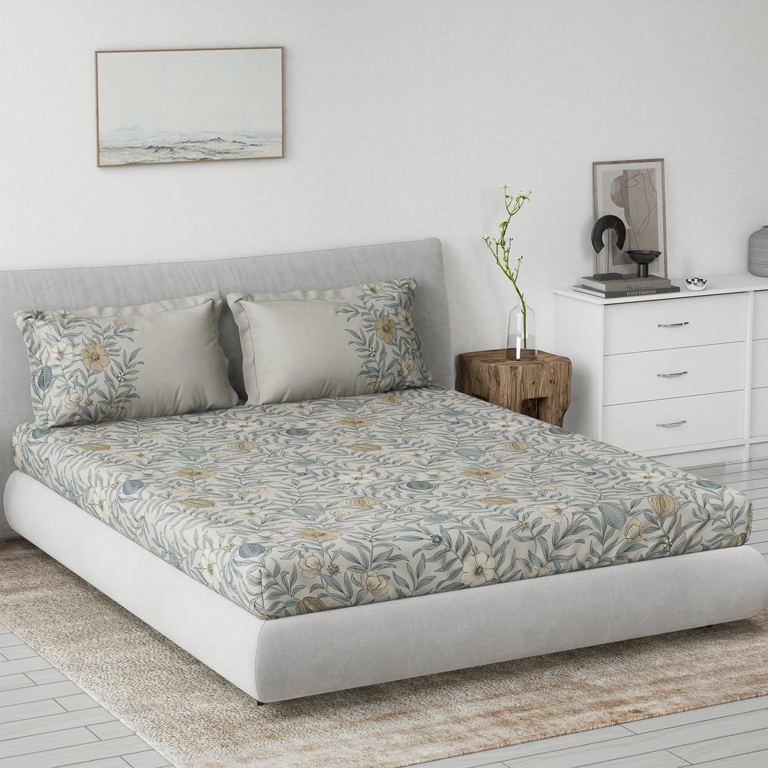 DDECOR - Primary Collection 100% Cotton Leaves Pattern 145TC King Bedsheet |229 CM X 274 CM| with 2 Pillow Covers - Grey