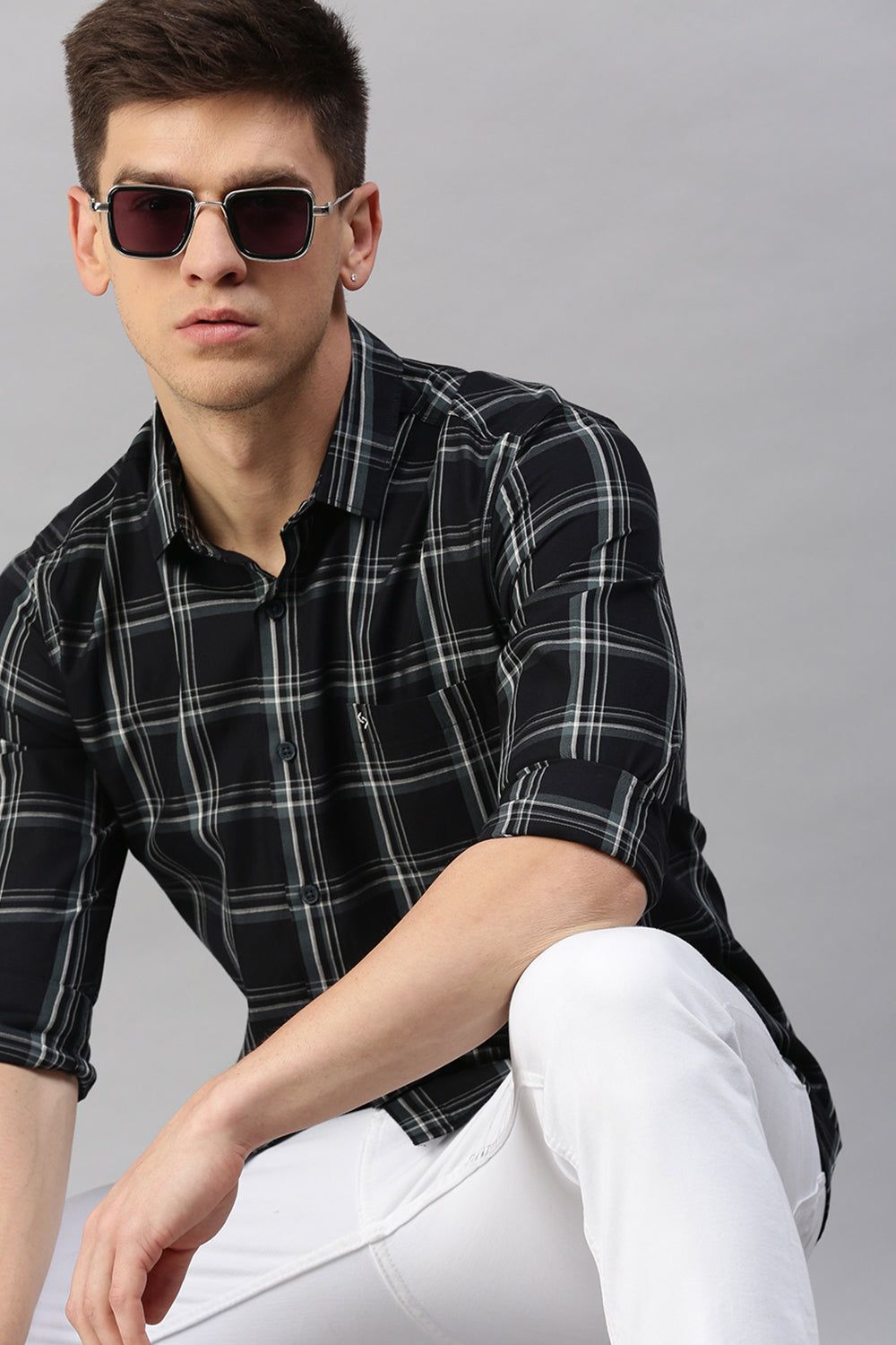 Classic Polo Men's Cotton Full Sleeve Checked Slim Fit Polo Neck Navy Color Woven Shirt | So1-160 B