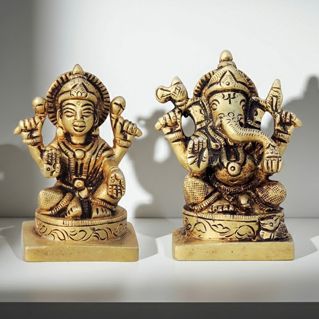 Brass Laxmi Ganesh Statue | Diwali Puja Idol for Home Mandir, Height : 3 Inch (BSMAS1453)