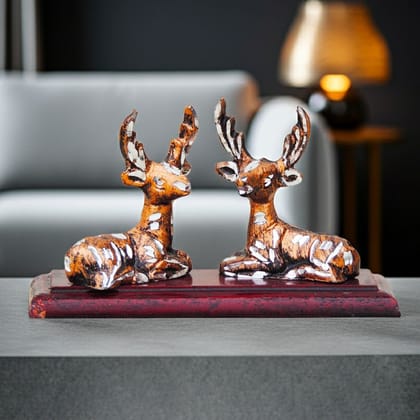Premium Zinc Deer Pair Decorative Statue with Wooden Base for Living Room, Height : 3 Inch (ANMAS068 B)