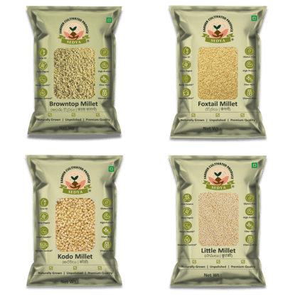 Sedya Four Millet Combo Whole Grains | Browntop Millet 500 g, Foxtail Millet 500 g, Kodo Millet 500 g & Little Millet 500 g (4 Packs) | Certified Low GI | Andu Korralu, Korralu, Arikelu, Samai | Gluten Free | High Plant Protein & Fibre | Total 2 Kg