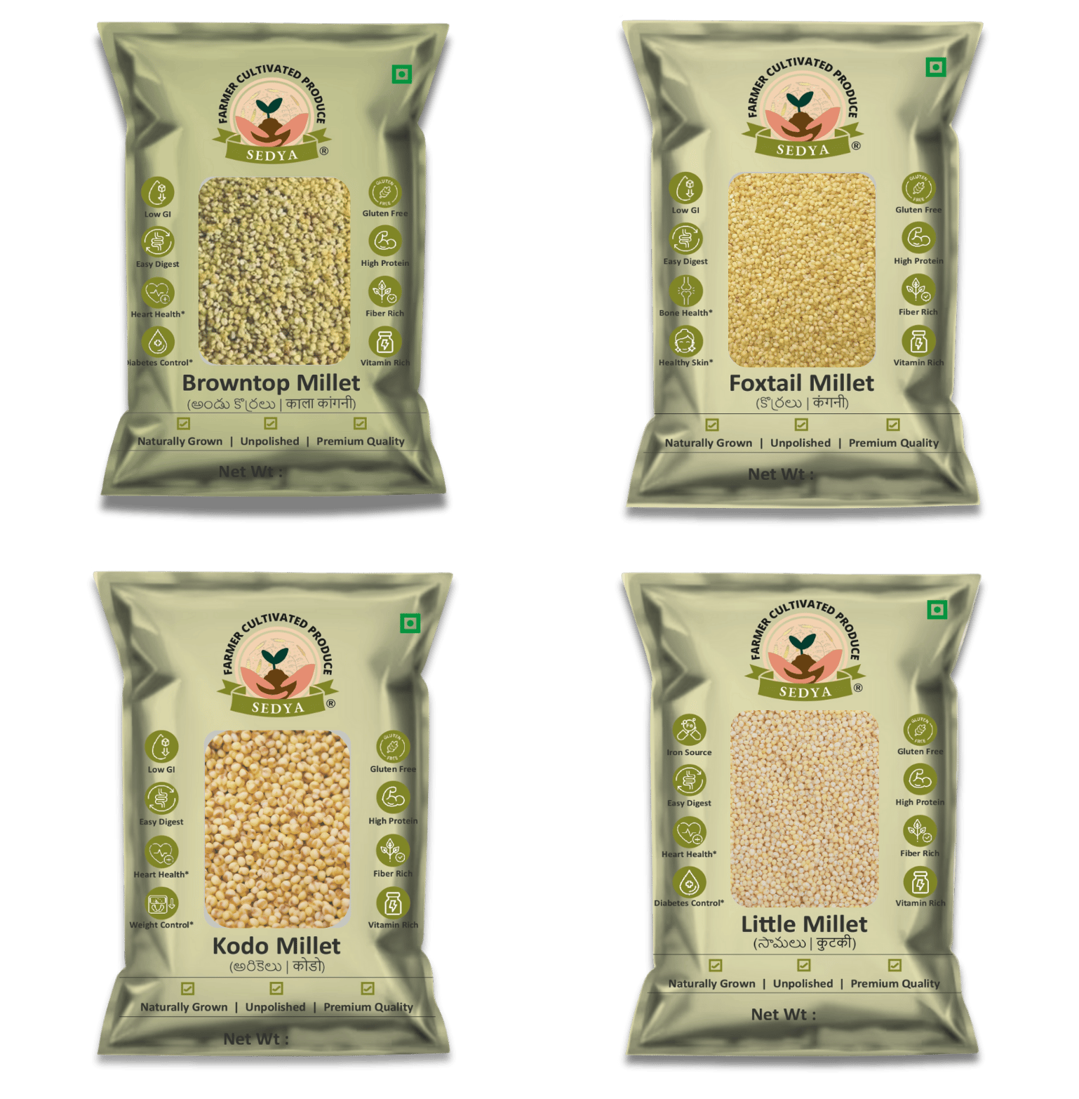 Sedya Four Millet Combo Whole Grains | Browntop Millet 500 g, Foxtail Millet 500 g, Kodo Millet 500 g & Little Millet 500 g (4 Packs) | Certified Low GI | Andu Korralu, Korralu, Arikelu, Samai | Gluten Free | High Plant Protein & Fibre | Total 2 Kg