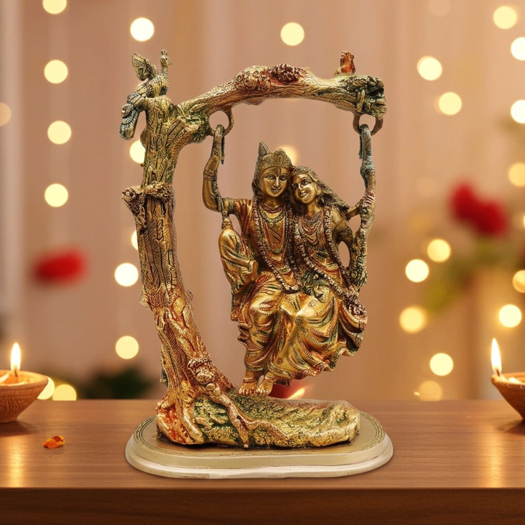 Brass Radha Krishna Jhula Idol - Colour Finish Decorative Statue, Height : 15 Inch (BSMAS403)