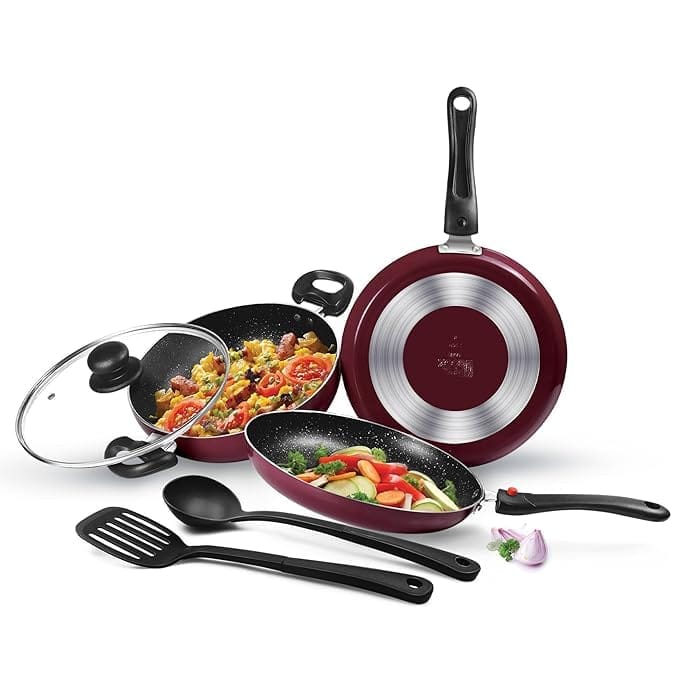 Cook Kitchen Pride Set of 5 Non Stick Cookware | Non Induction I Cooking Pan, Kadhai with Lid, Tawa, Nylon Laddle & Spatula I Peach_assorted colour