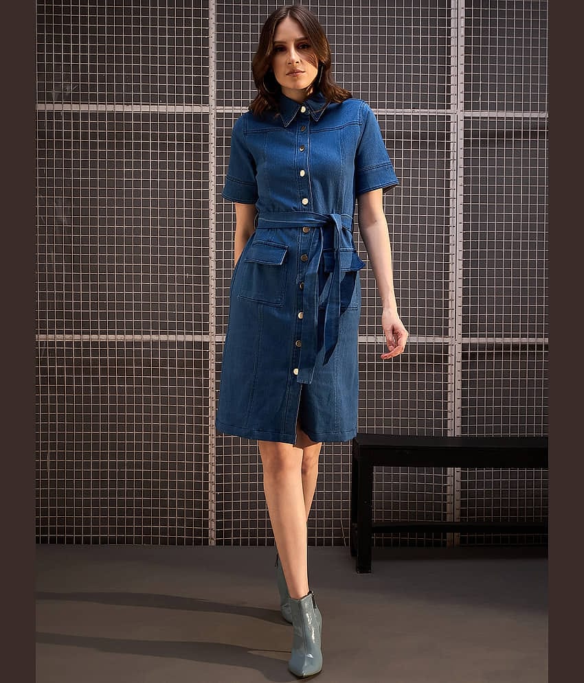 StyleStone Women Denim Solid Shirt Dress ( Blue )