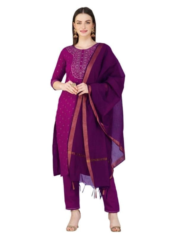 Women's Casual 3-4 th Sleeve Embroidery Cotton Kurti Pant Dupatta Set (Purple, S)-PID50269
