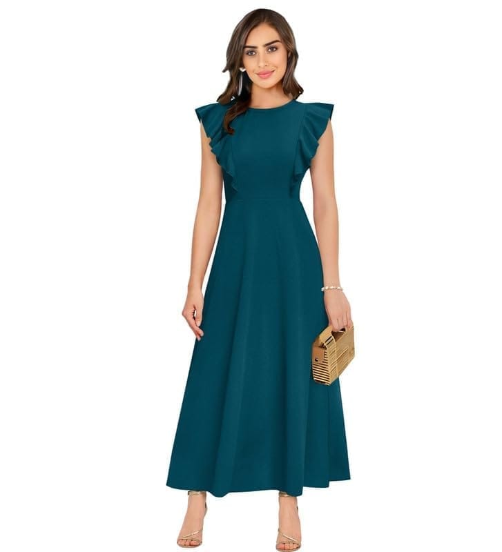 Women's Knitting Stretchable Solid Round Neck Ruffled Sleeve Dresses (Blue, S)-PID56820