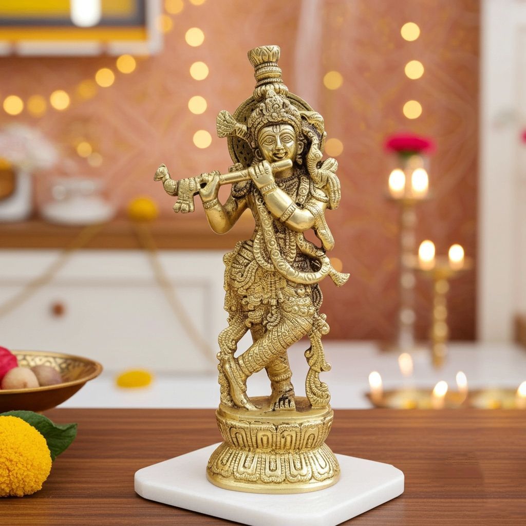 Pure Brass Krishna Idol for Mandir, Height : 9 Inch (BSMAS844 X)
