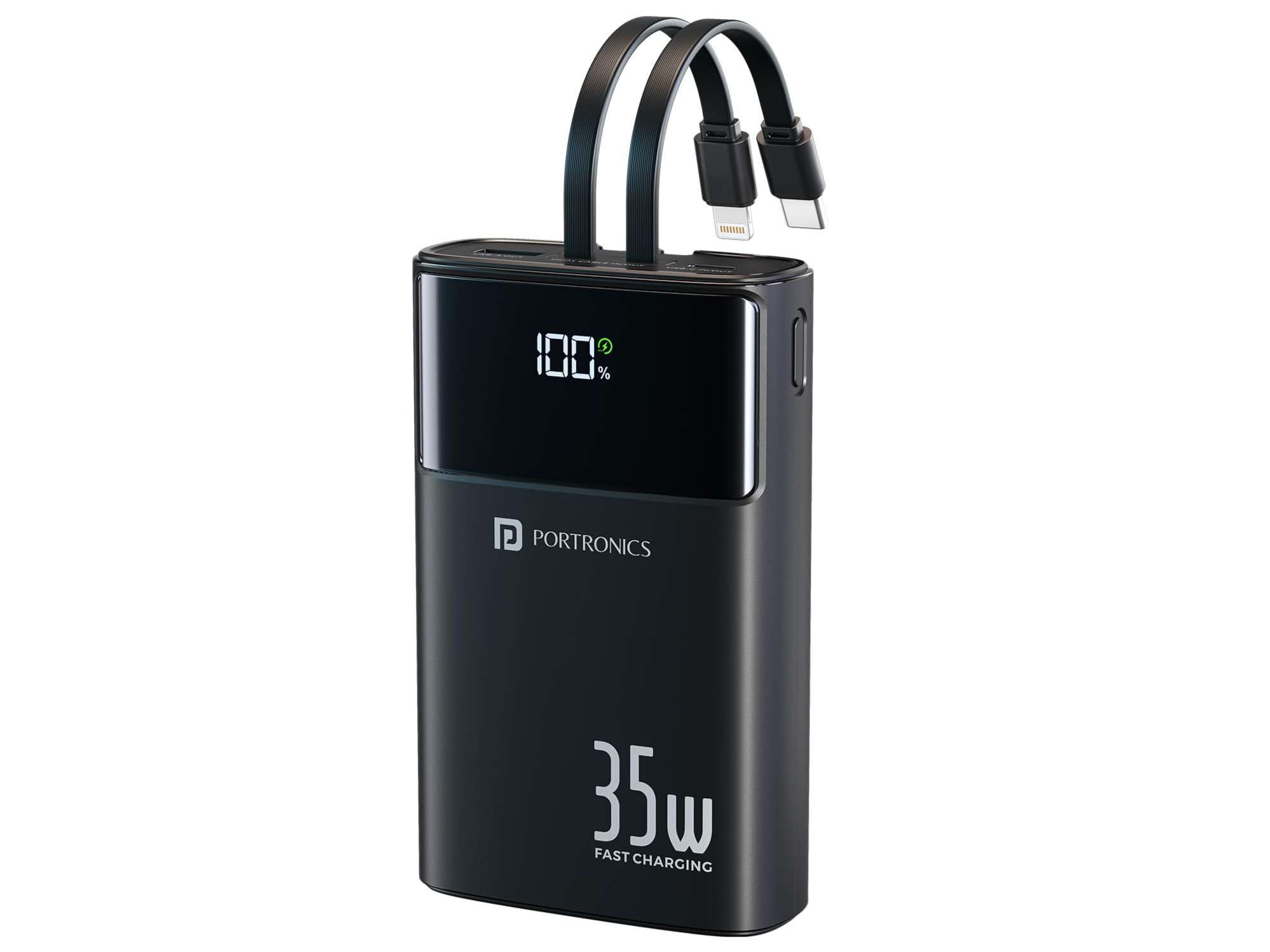 Portronics Titan 35 20000mAh Fast Charging Powerbank with in-Built Type C & 8 Pin Cable, 35W Super Fast Charging, Type C PD Output - Black