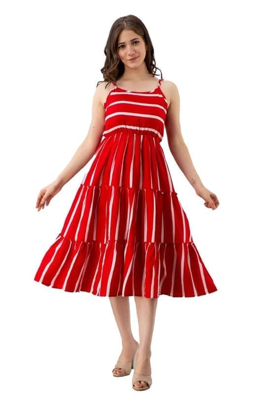 Women's Casual Sleeveless Striped Crape Dresses (Red, 2XL)-PID46926