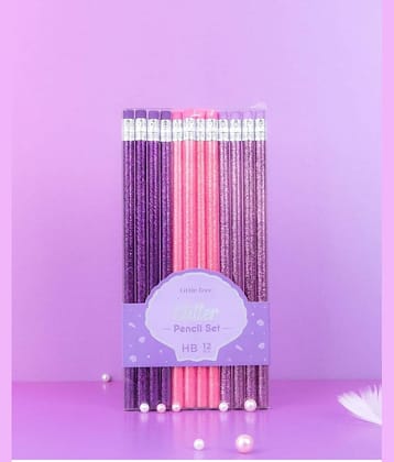 2392 YESKART - 12 Stylish Candy Colour Glitter Body Pencil with Top Eraser Set Attractive  Colour For Kids And Girls Fine s Strong nib Ideal For Tuition School Kids Boys Girls  Diwali Festival Birthday Party Return Gift (Pink-Purple