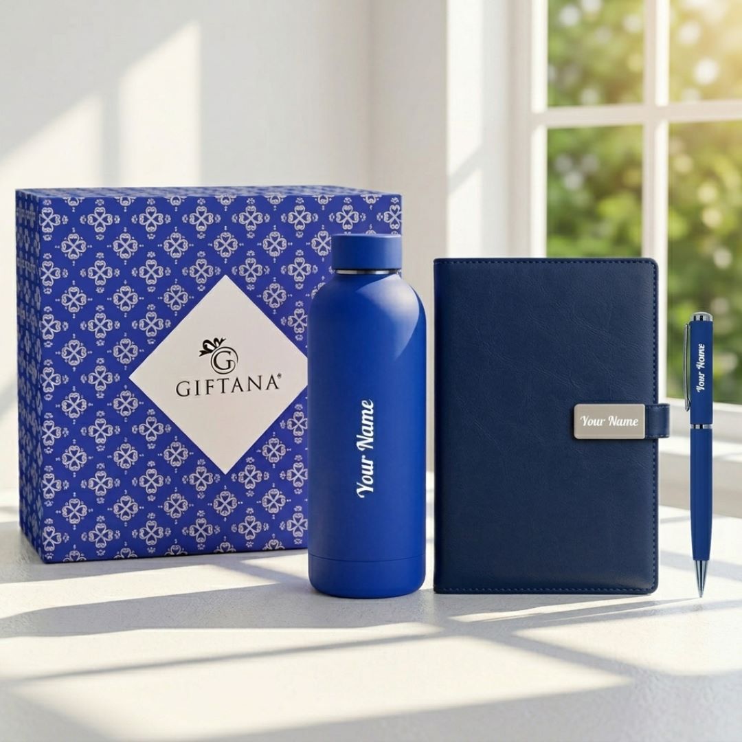 Personalized 3 in 1 Gift Set - Rubber Bottle Notebook Diary Pen