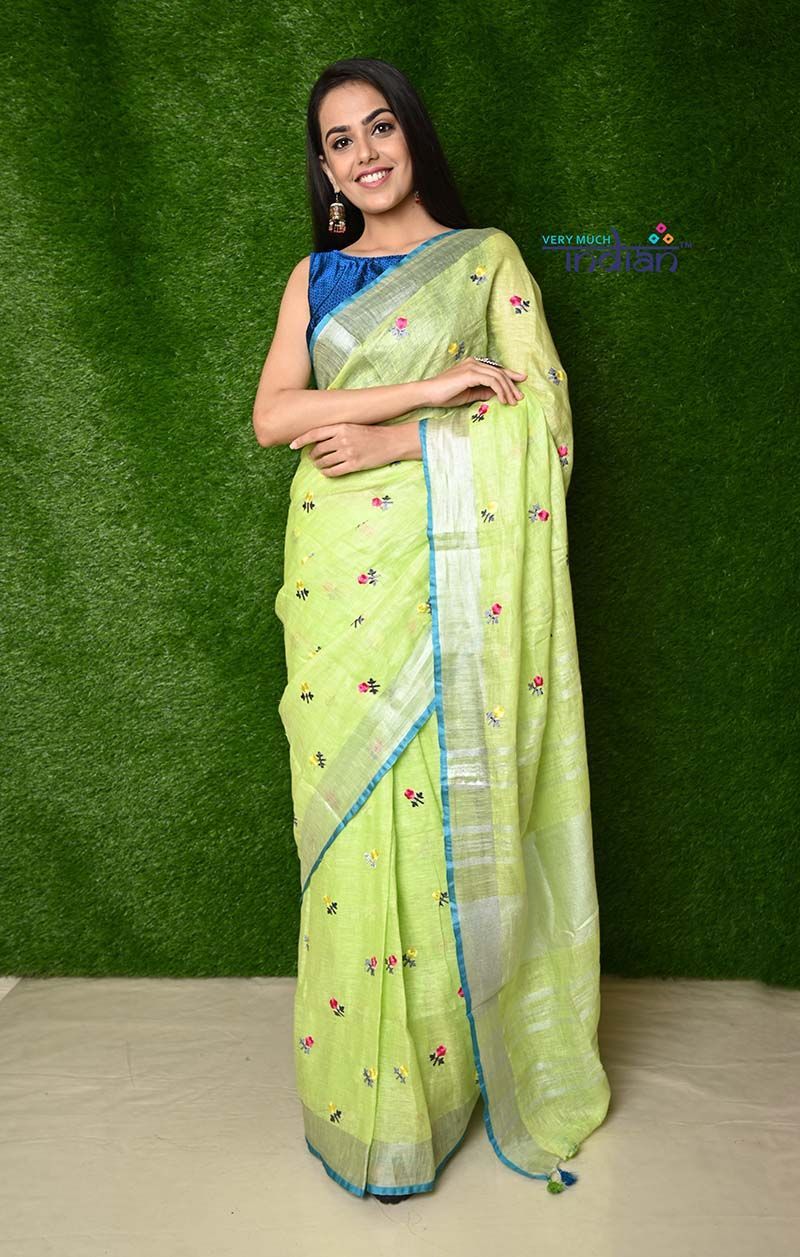 Pure Organic Linen Saree - Green with Ivory & Blue Border with Floral work
