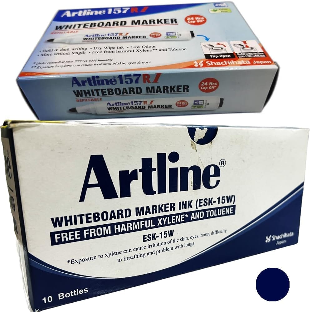 Artline 157RI Whiteboard Marker Pack of 10 with ESK15W Refillable Ink Bottle Pack of 10 (Blue Colour) | Refillable Whiteboard Marker with Ink