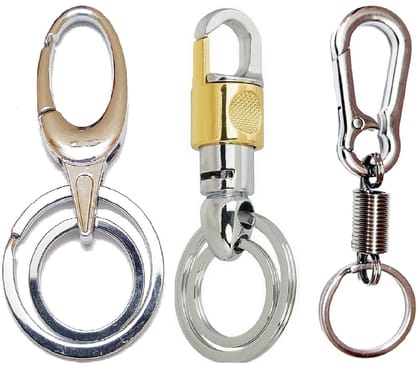 KD COLLECTIONS Double Ring Hook Keychain for Bike & Cars Combo - Golden Silver Color - Pack of 3 Keychains