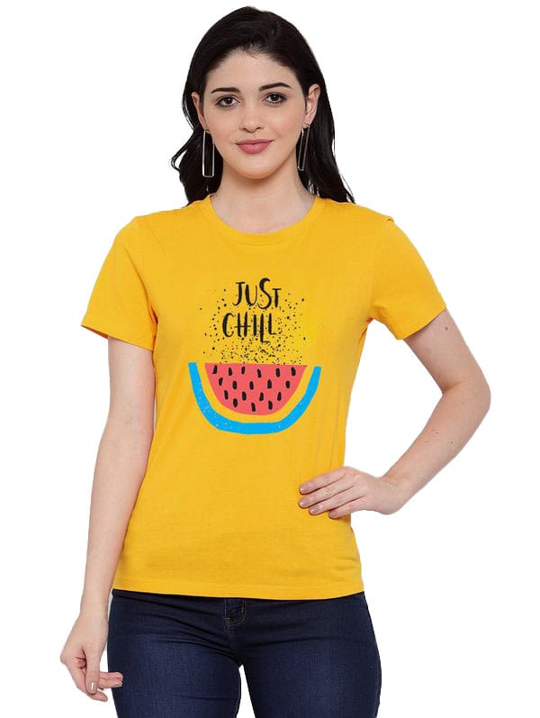 Women's Cotton Blend Just Chill Printed T-Shirt M (Yellow)