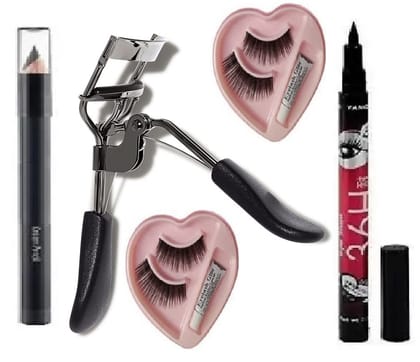 Elecsera Eyelash Curler & 36H Deep Black Liquid Eyeliner False Eyelashes Professional Set of 5 Makeup (4 Items in the set)