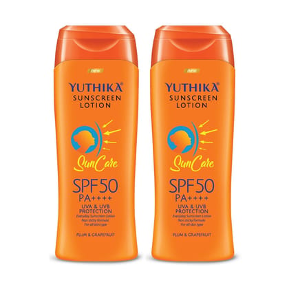 Yuthika Sunscreen Lotion SPF 50 PA++++ with UVA & UVB Protection, Sun Cream for All Skin Types - 100ml Pack of 2