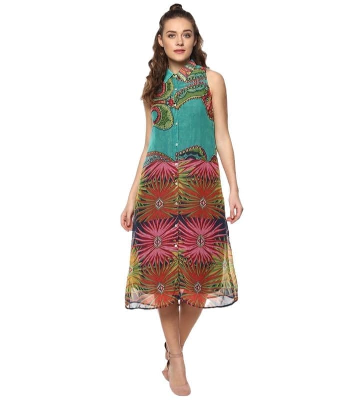 Women's Polyester Floral Sleeveless Below Knee Dress (Multicolor, M)-PID55731