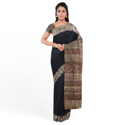 Tribes India Printed Kalamkari Design Silk Saree with Blouse Piece Black and Red