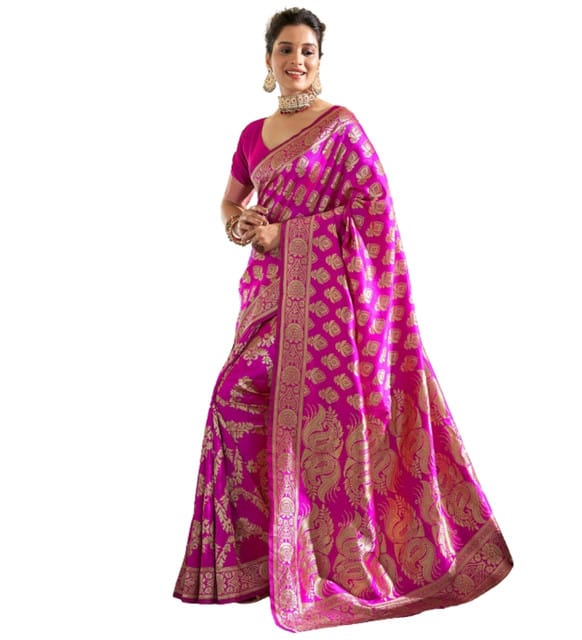 Generic Women's Jacquard Printed Saree with Unstitched Blouse Piece, Soft Lightweight 5.5 m Sari for Daily, Office and Wear (Pink, Design 67644)