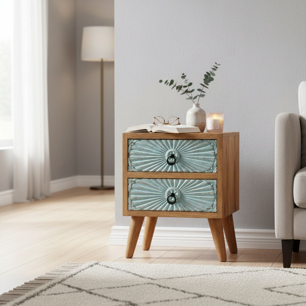 Hand-Carved Bedside Table with 2 Storage Drawers – Boho Finish