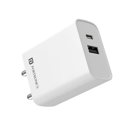 Portronics Adapto 70 White - 33W Fast Charger Adapter with Dual Output (USB + Type C) Supports PPS Charging Via Type C Port, 27W Dash, Warp 27W, Dart Portronics Adapto 70 White - 33W Fast Charger Adapter with Dual Output (USB + Type C) Supports PPS Charging Via Type C Port, 27W Dash, Warp 27W, Dart