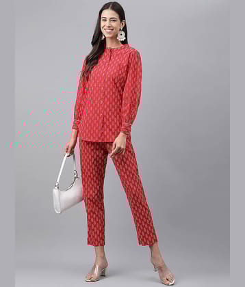 Janasya Women Cotton Printed Straight Kurti With Pants ( Red )