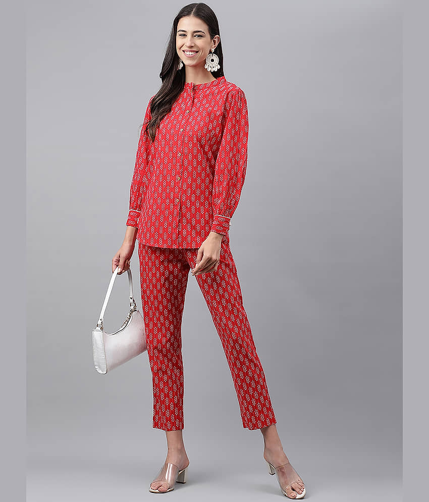 Janasya Women Cotton Printed Straight Kurti With Pants ( Red )