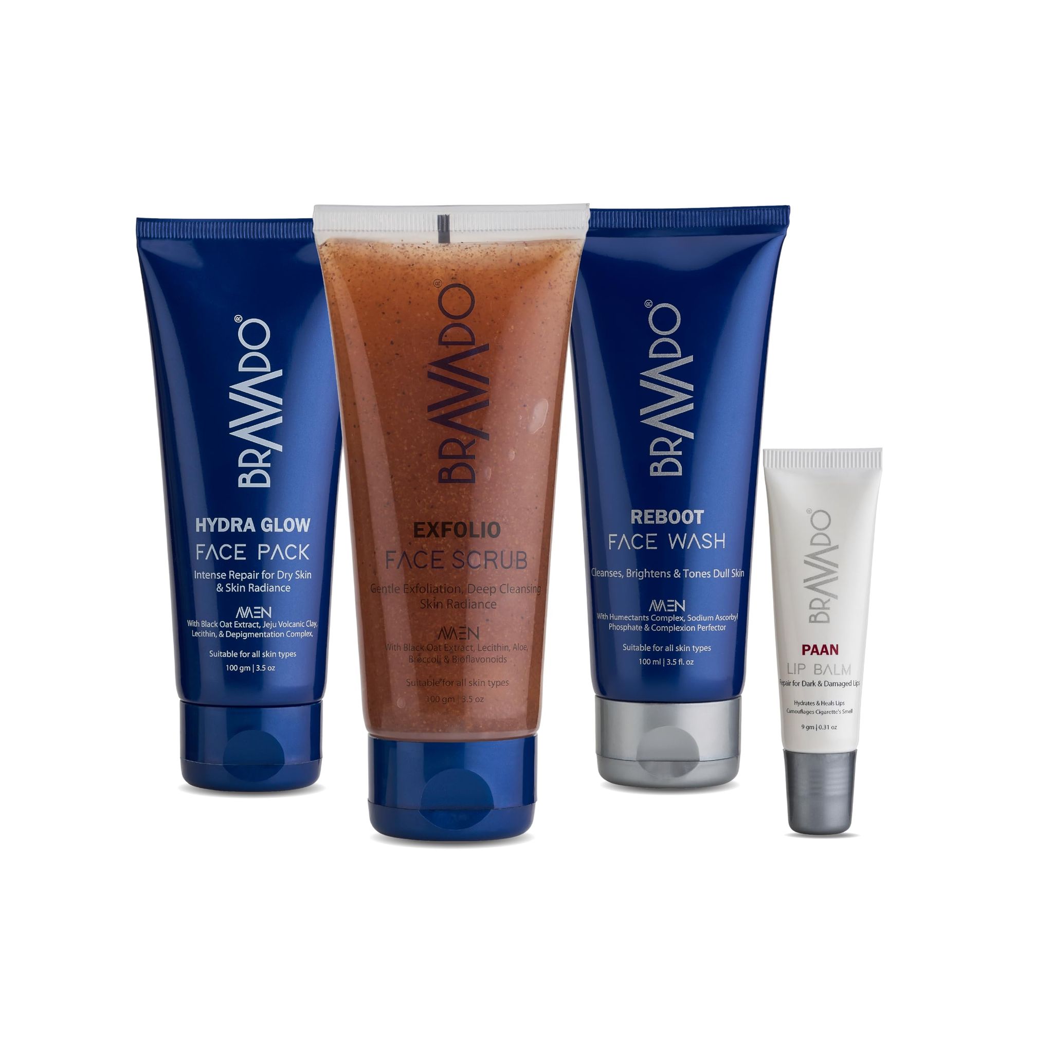 Bravado Personal Grooming 4 -In -1 Face Care Combo Kit - Pack contain - Reboot Facewash, Exfolio Face Scrub, Hydra Glow Face Pack, Lip Balm Paan -259g (Set of 4 Products)