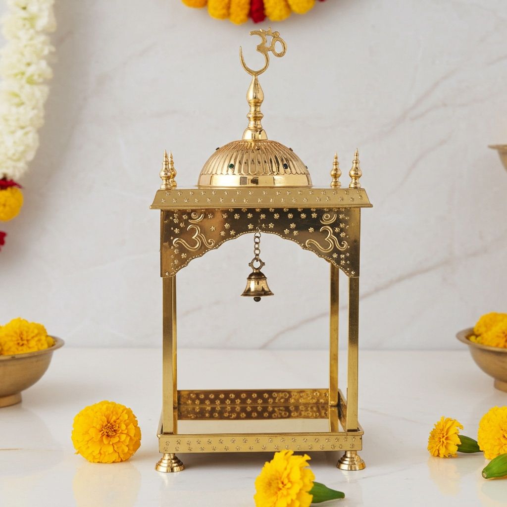 Brass Temple with Round Dome � Traditional Mandir Showpiece, Height : 28 Inch (FMAS311 A)