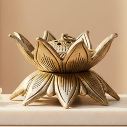 Sukh Sehaj Kamal Dhoopdani | Lotus Shaped Loban Burner | Incense Burner | Dhoop Batti Stand, Handcrafted, Antique Black Finish, 4.2 Inch Length, for Home Temple, Decor, Pooja Ritual and Gifting