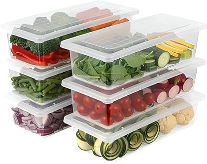 KLIVON Fridge Storage Containers 1500 ML (Pack of 6) with Removable Drain Tray & Lids | BPA Free Food Grade Fridge Organizer Boxes | Stackable Vegetable & Fruit Storage Container for Refrigerator