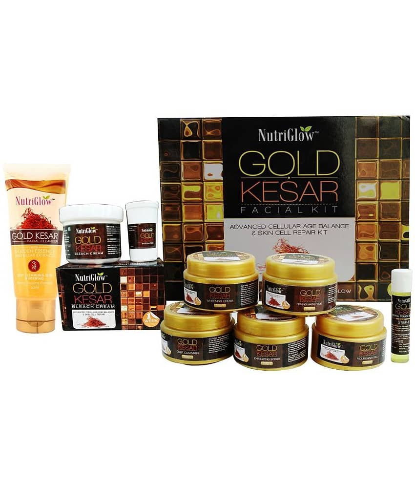 NutriGlow Gold Kesar Facial Kit (250gm + 10ml) with Bleach Cream (43gm) & Face Wash (65ml) for Glowing Skin, Spotless & Hydrated Skin, Pack Of 3