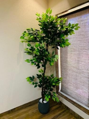 Artificial Ficus Tree - 180cm Large Faux Floor Plant with Natural Wood Trunk & Lush Silk Leaves - Realistic Potted