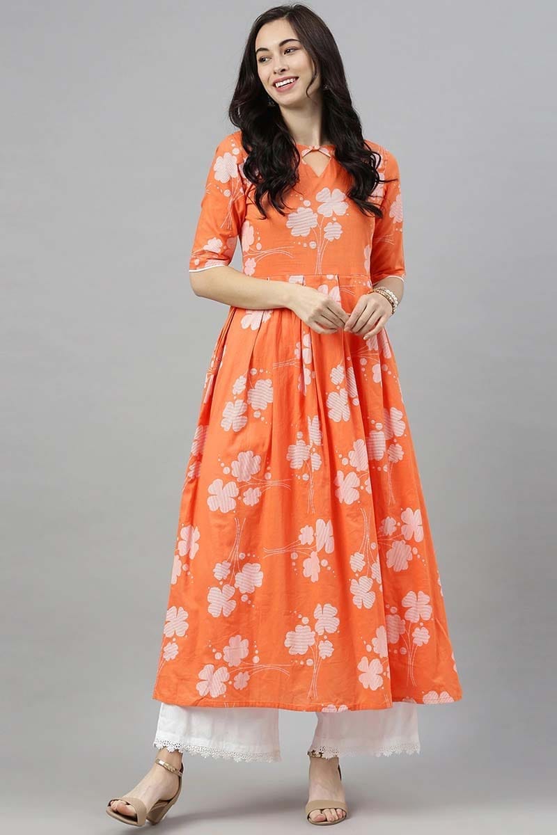 Orange Floral Printed Keyhole Neck Kurta VCK8255