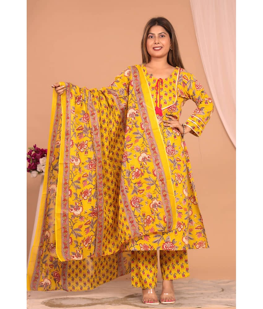 Avnii Cotton Printed Kurti With Pants Women's Stitched Salwar Suit - Yellow ( Pack of 1 )