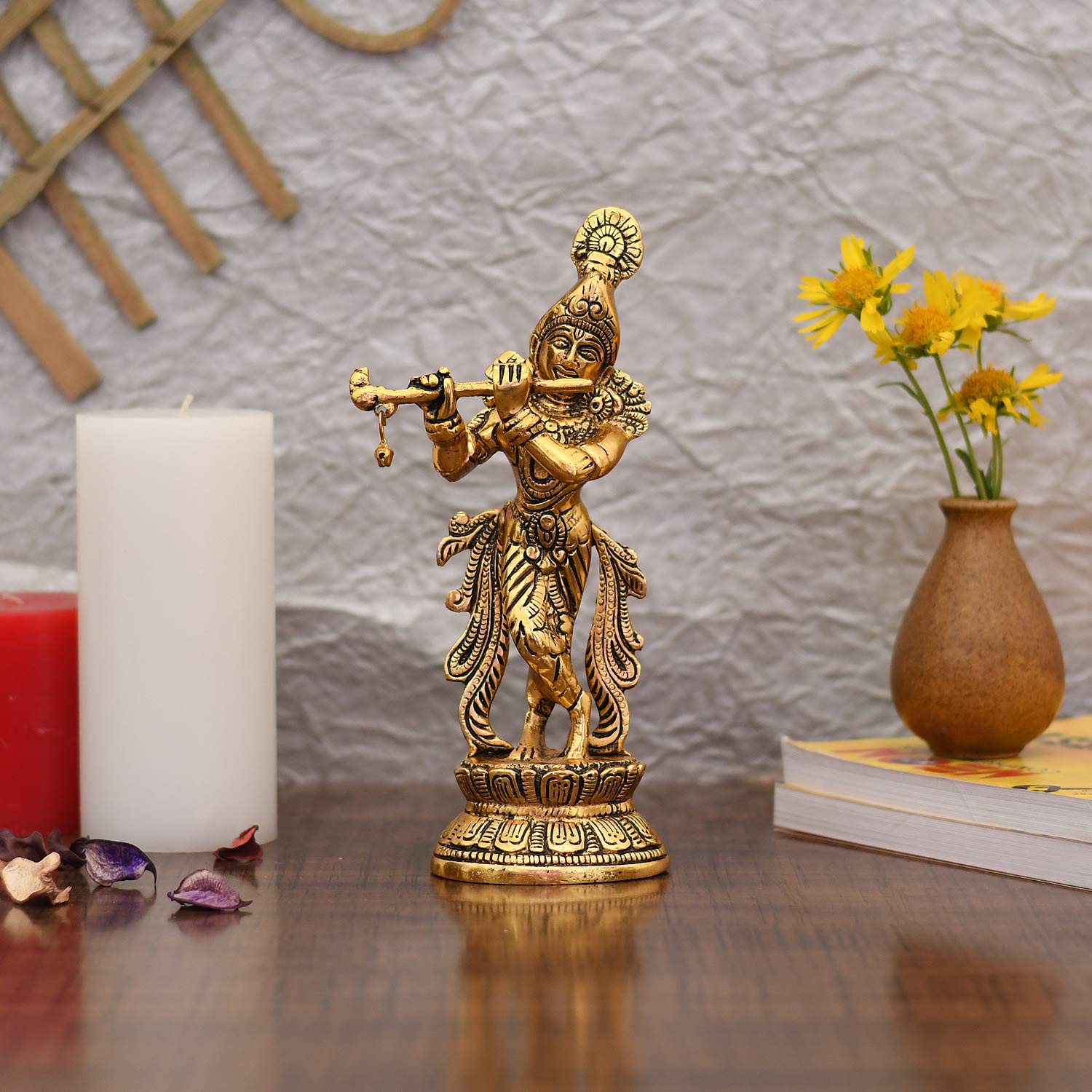 Dreamkraft Lord Krishna Idol Statue Krishna Idols Gold Plated Flute Playing Krishan Decorative Showpiece Figurine for Pooja Room & Gift (Set of 1)