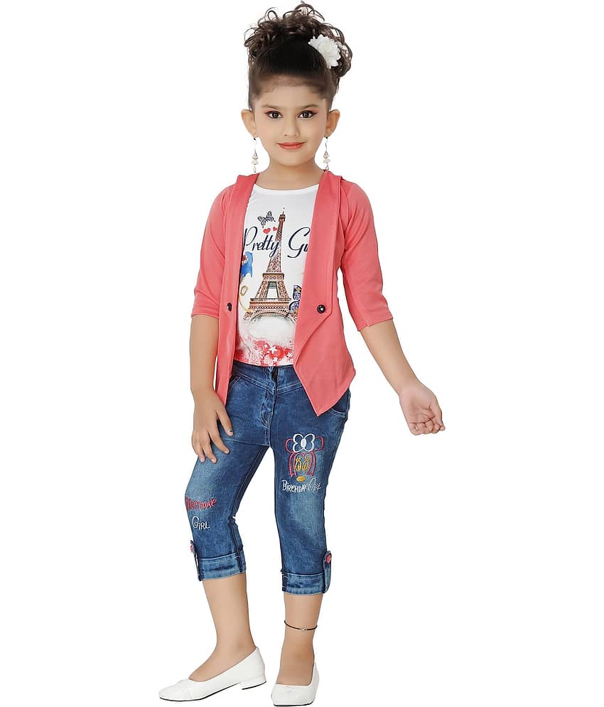 Cherry Tree Girls Denim Top With Capri ( Red )