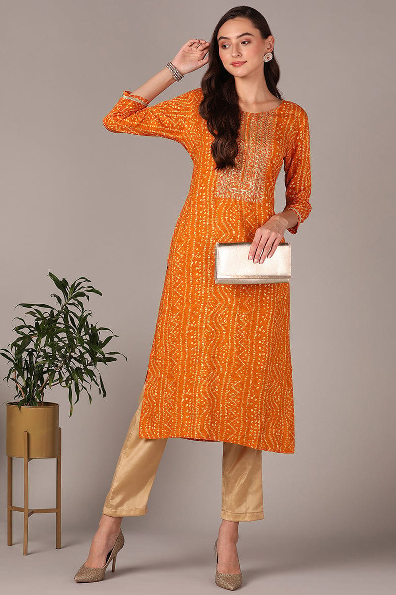 Plus Size Yellow Viscose Rayon Bandhani Embroidered Straight Kurta VCK9623