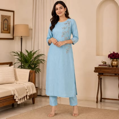 Womens Sky Blue Rayon Embroidered Kurti