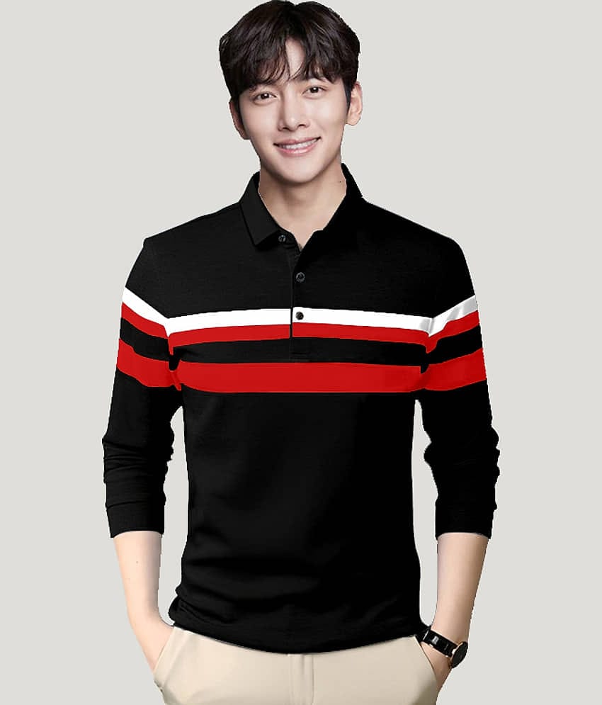 GESPO Pack of 1 Cotton Blend Regular Fit Colorblock Full Sleeves Men's Polo T Shirt ( Black )