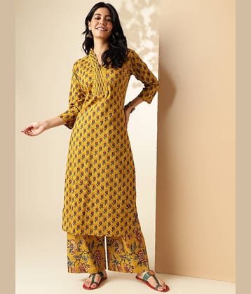Vbuyz Cotton Printed Kurti With Palazzo Women's Stitched Salwar Suit - Mustard ( Pack of 1 )