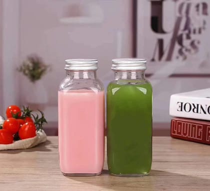 Square glass bottle with Leak-Proof Airtight Stainless Steel Lid 500 ML Drinking Fridge Bottle for Milk, Water, Smoothie, Juice Perfect for Home, Travel, Gym [ PACK OF 2]