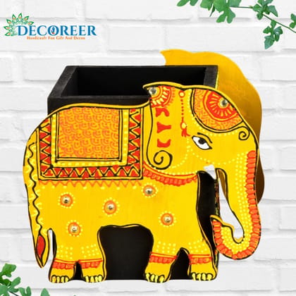 DECOREER Elephant Wooden Pen Stand Set of 2