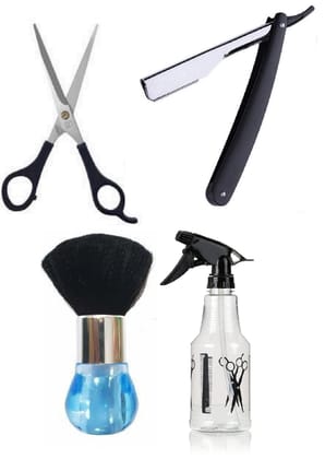 Elecsera Hair Cutting Neck Face Duster Brush +Spray Bottle +Barber's Design Plastic Handle Razor +Hair Cutting Scissors (4 Items in the set)