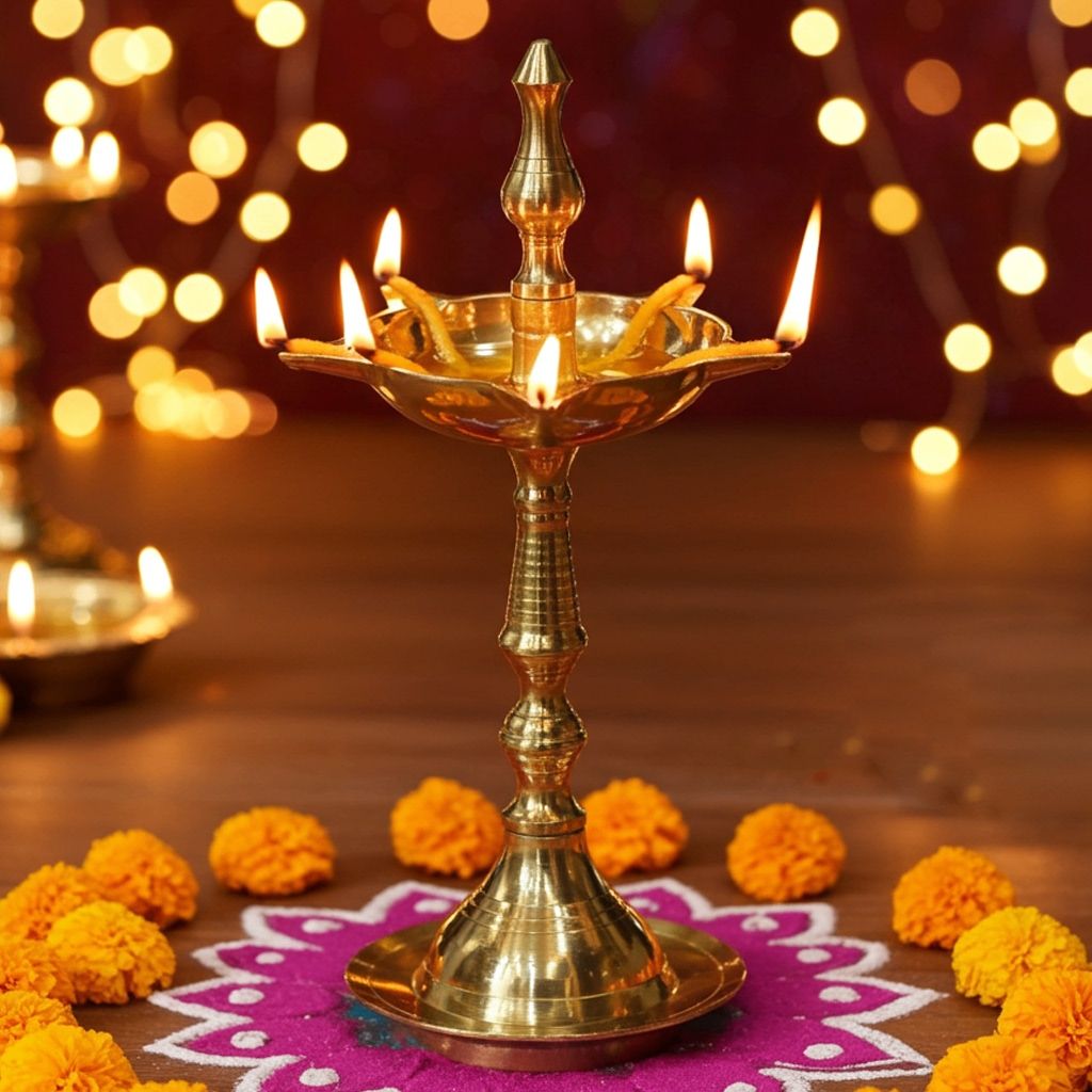 Brass Kerala Fancy Deepak, Oil Lamp No. 4  - Puja Oil Lamp for Spiritual Use, Height : 7.1 Inch (FMAS642 P)