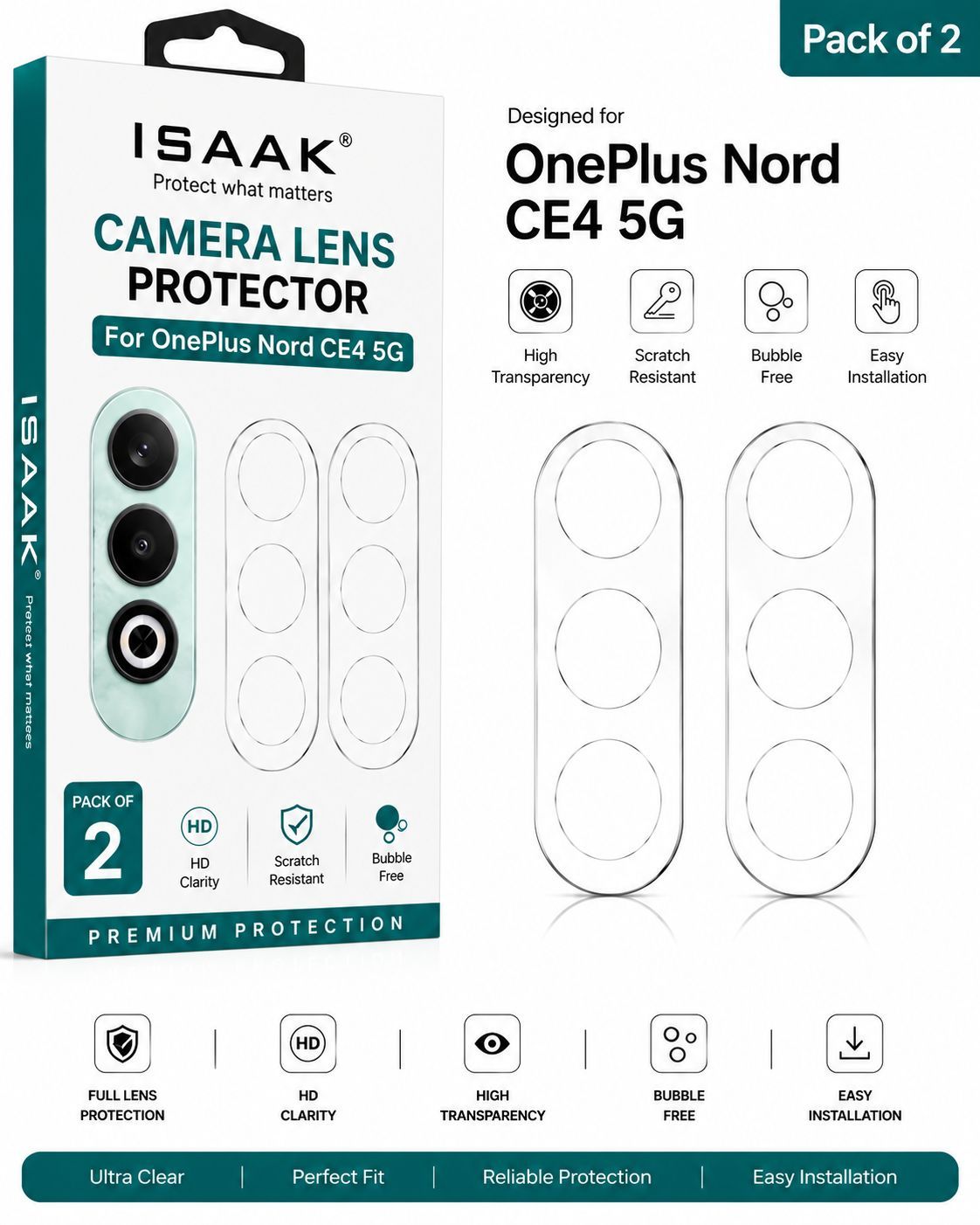 ISAAK Back Camera Lens Protector compatible for OnePlus Nord CE4 5G (Pack of 2)