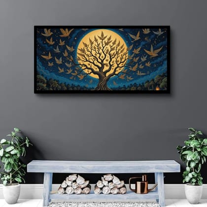 Luminary Golden Flight – Nocturnal Harmony Tree Museum-Quality Cotton Canvas Painting for Lounge/Living Room Décor | Frame Size (127 X 69 Cm) | Frame Type (Black) | 5-Year Warranty
